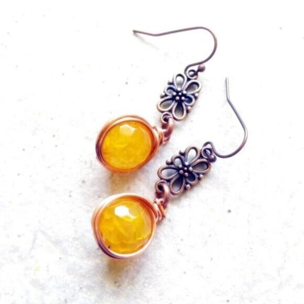 Easter Earth Tones • Dragonvein Agate • Vibrant Copper Boho Dangle Earrings - Picture 2 of 4